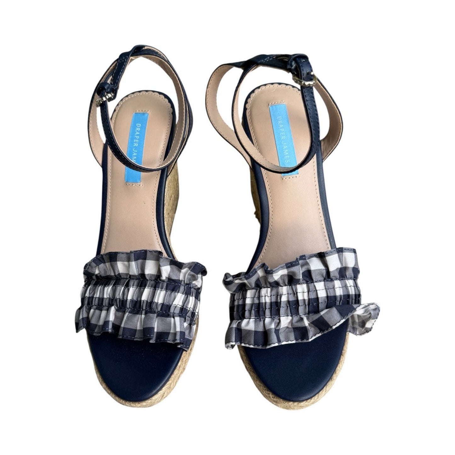 Draper James Abigail Navy Gingham Ruffle Espadrille Wedge Sandals NIB Size 7