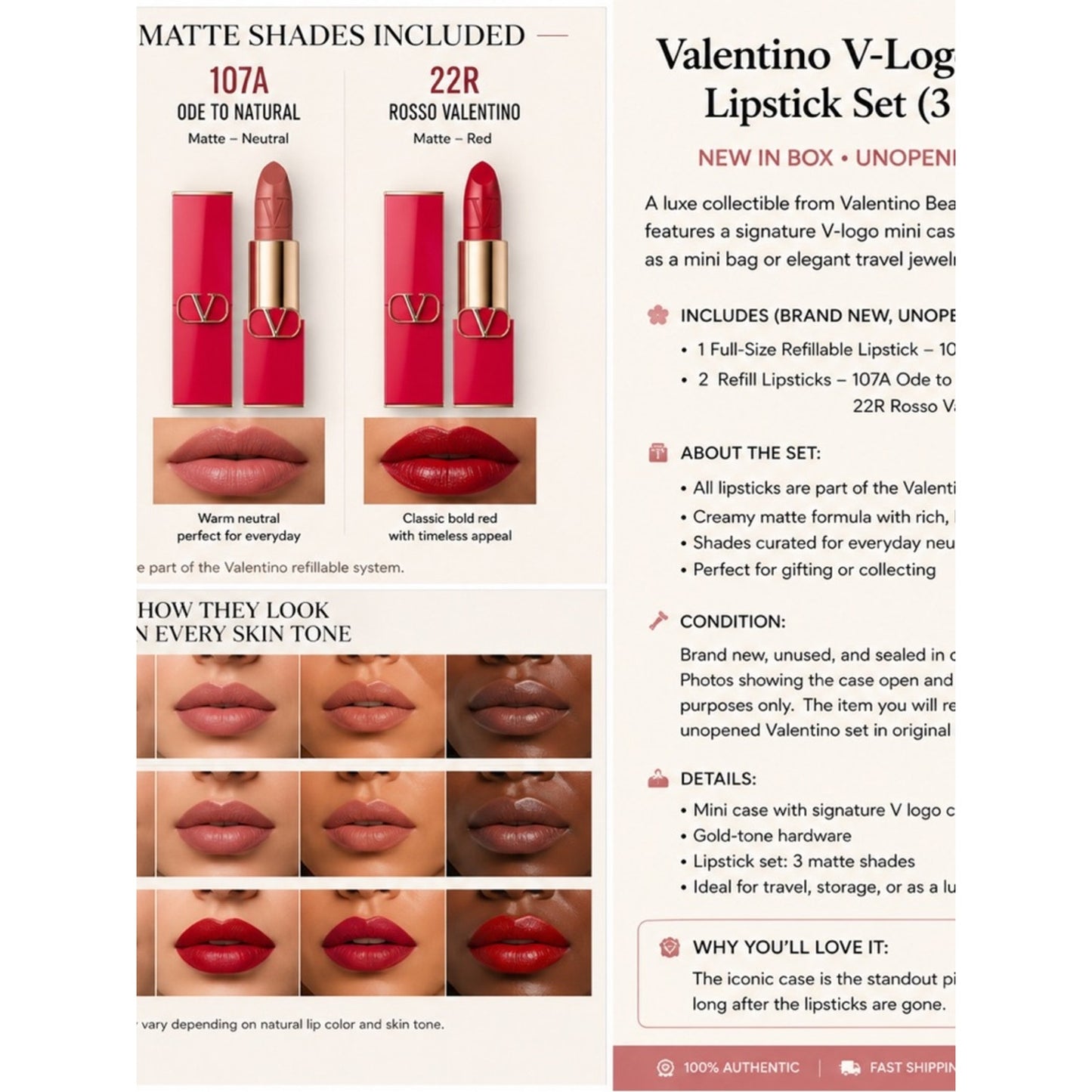 Valentino V Logo Mini Case Lipstick Set Rosso Jewelry Case 3 Matte Shades NIB