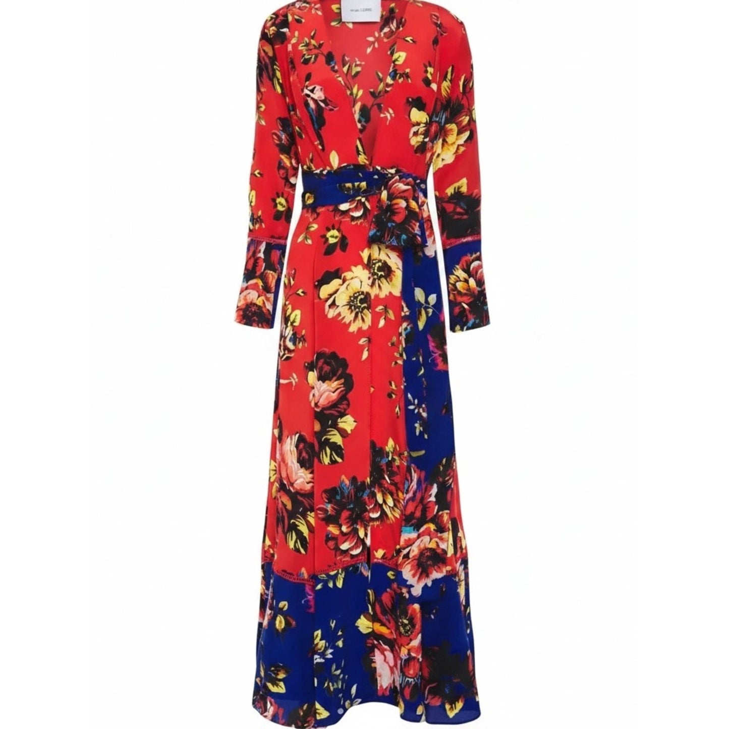 We Are Leone Silk Maxi Dress Duster Red Floral Peony Contrast NWT S/M Boho