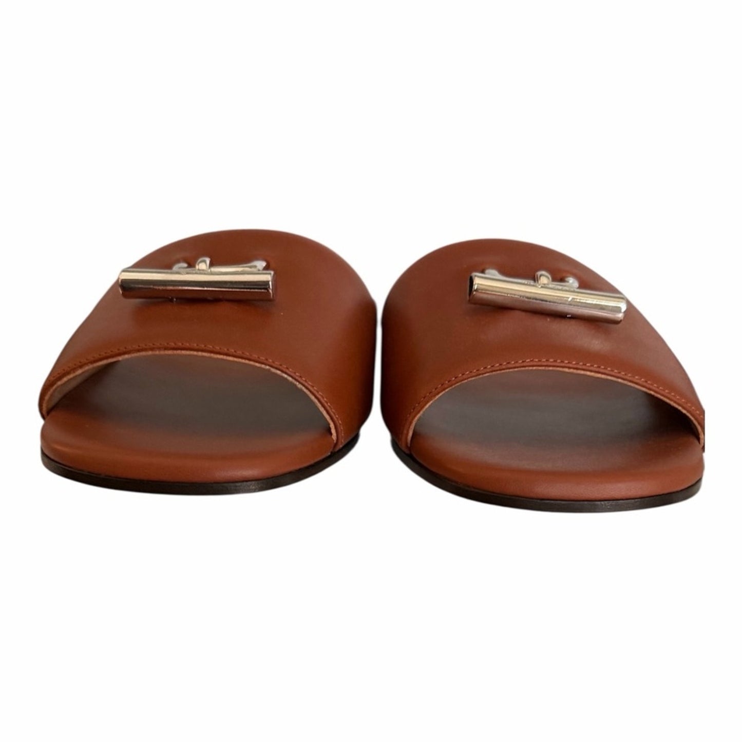 Alexander McQueen T Leather Cognac W/ Gold hardware Slide Sandals Size 38