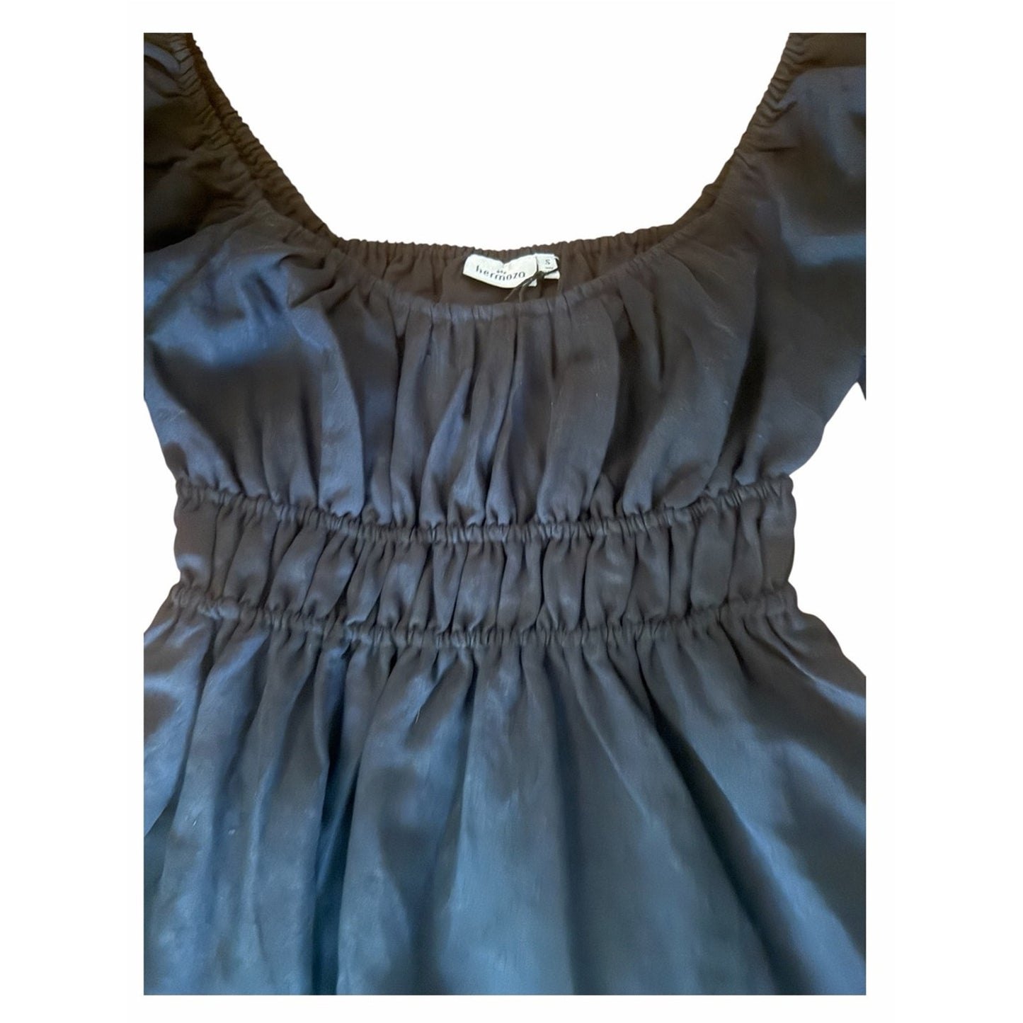 Hermoza Lala Cinched Mini Dress Black NWT Linen Blend Puff Sleeve Size S