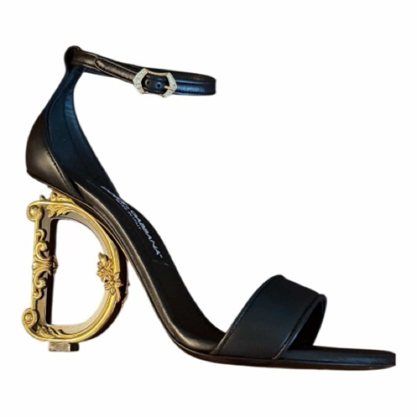 Dolce & Gabbana Black Leather Gold Logo Heel Sandals IT 38 NIB