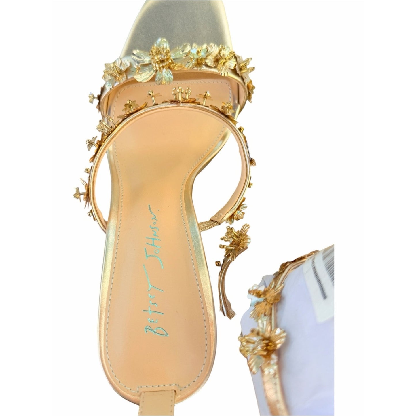 Betsey Johnson Lorra Gold Floral Pearl Heel Sandals NIB 9.5