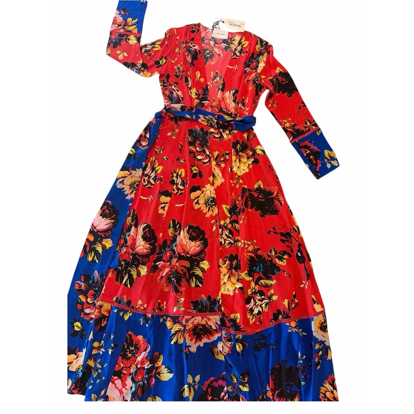 We Are Leone Silk Maxi Dress Duster Red Floral Peony Contrast NWT S/M Boho