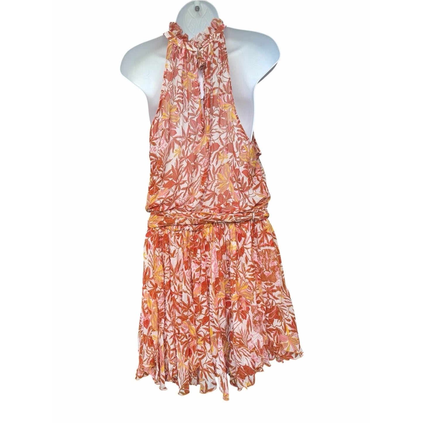 Poupette St Barth Bianca Gold Orchid Beaded Silk Chiffon Resort Halter Dress L