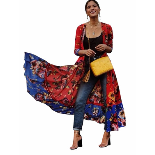 We Are Leone Silk Maxi Dress Duster Red Floral Peony Contrast NWT S/M Boho