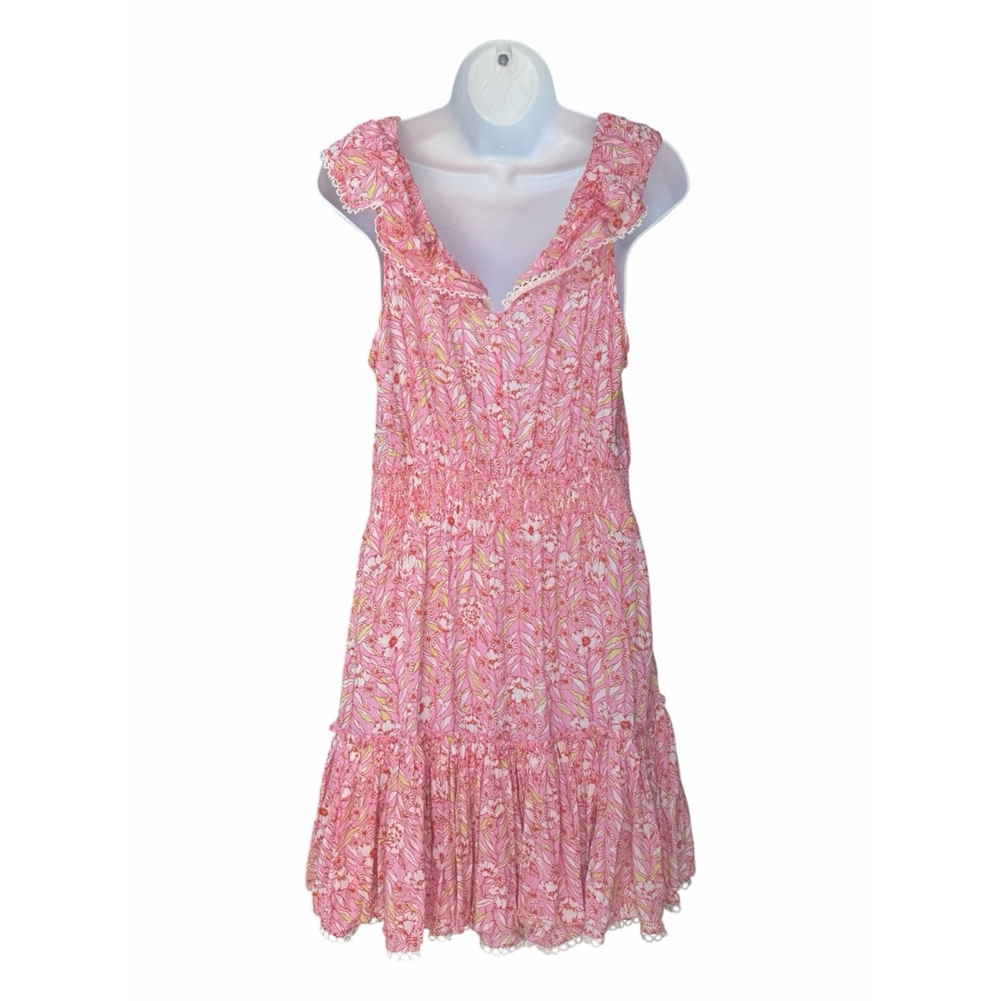 Poupette St. Barth Bruna V Mini Dress – Pink Garland Flowers – Size Large