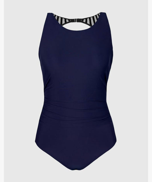 Navy Blue One - Piece Swimsuit With Black Mesh At Back