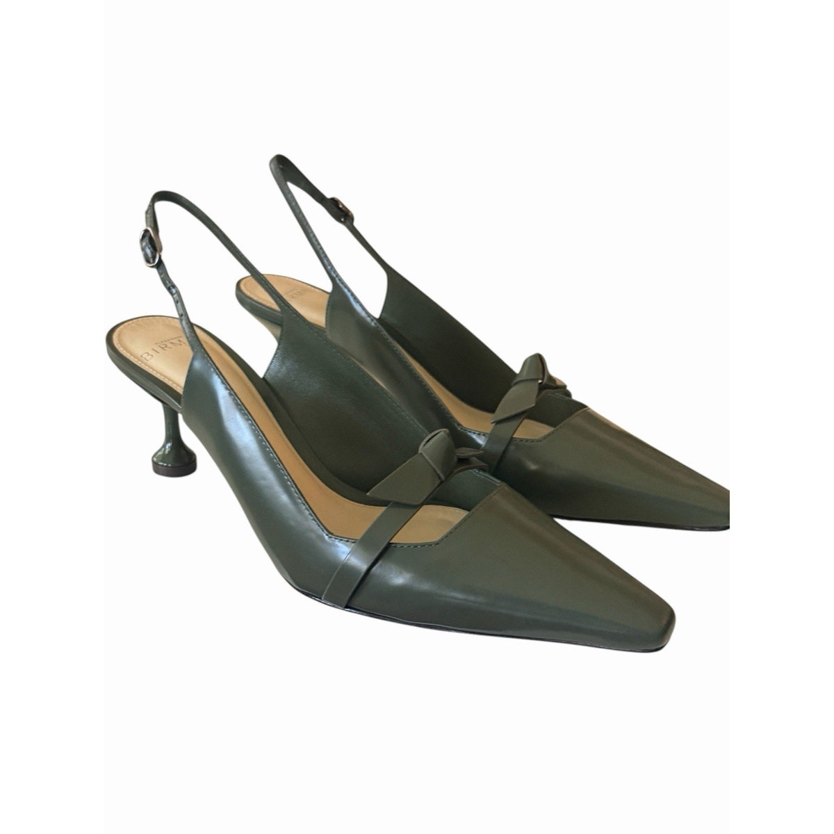 Alexandre Birman Slingback Pumps 37 Green Leather Bow Kitten Heel NIB