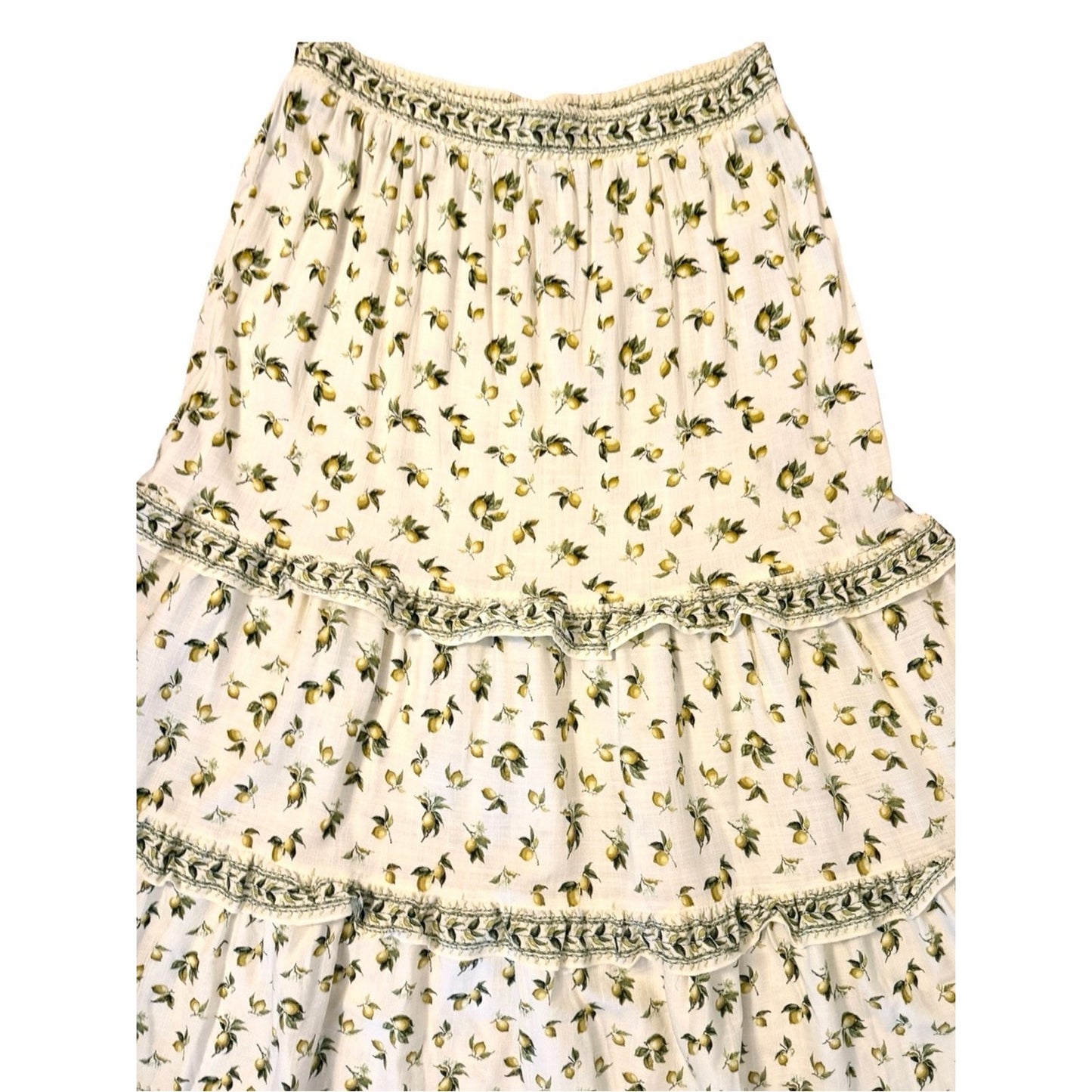 MAX STUDIO London Lemon Citrus Tiered Boho Maxi Skirt XL Coastal Grandma Vibe