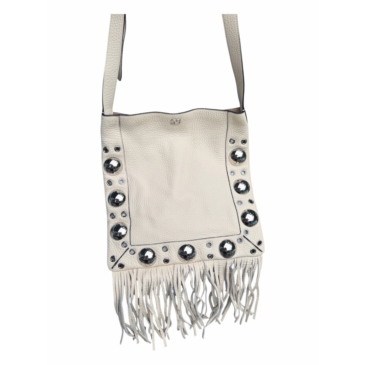 VALENTINO GARAVANI NELCOTE Ivory Leather Fringe Studded Shoulder Bag NWT
