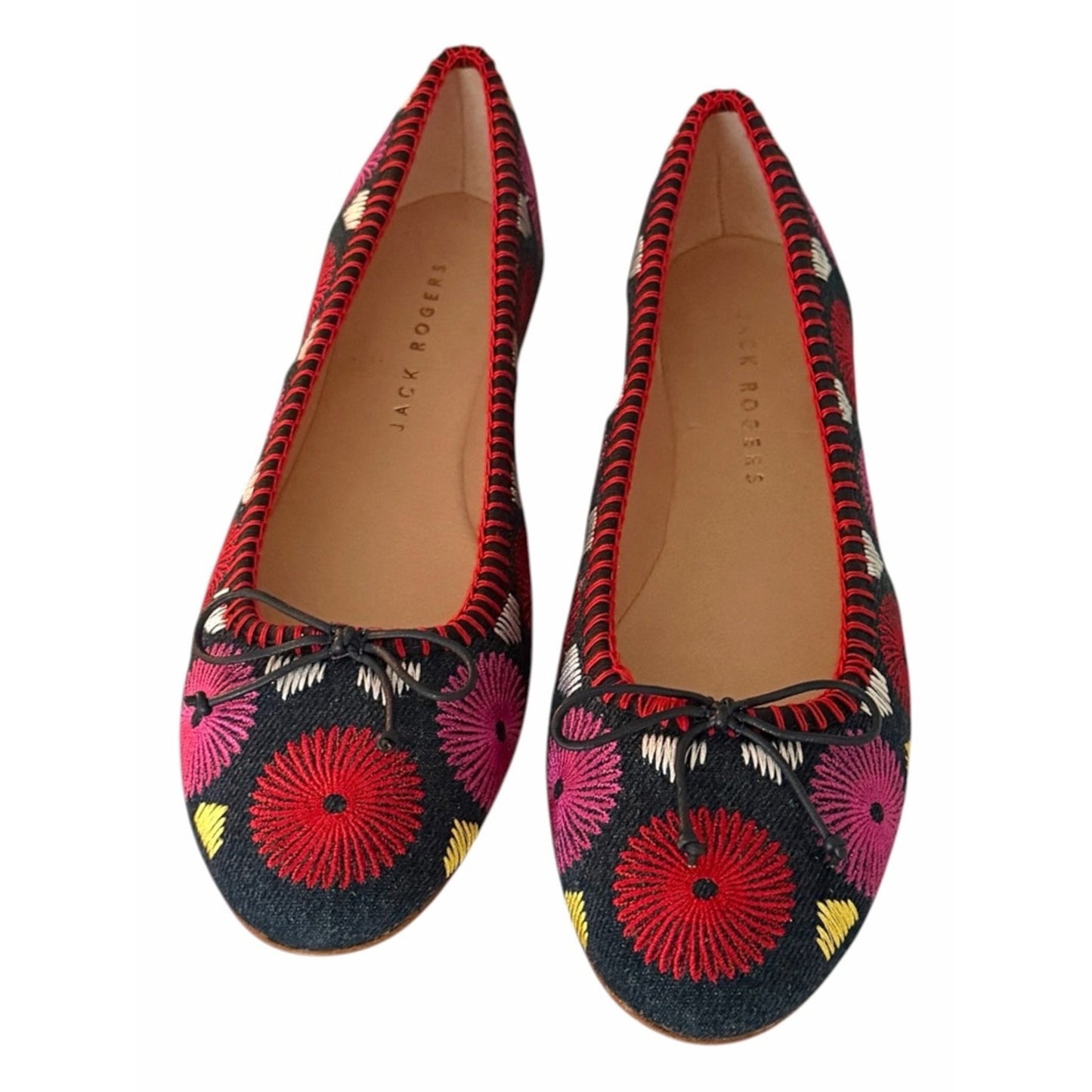 Jack Rogers Bettie Flower Ballet Flats Denim Embroidered Bow NOB Size 6.5