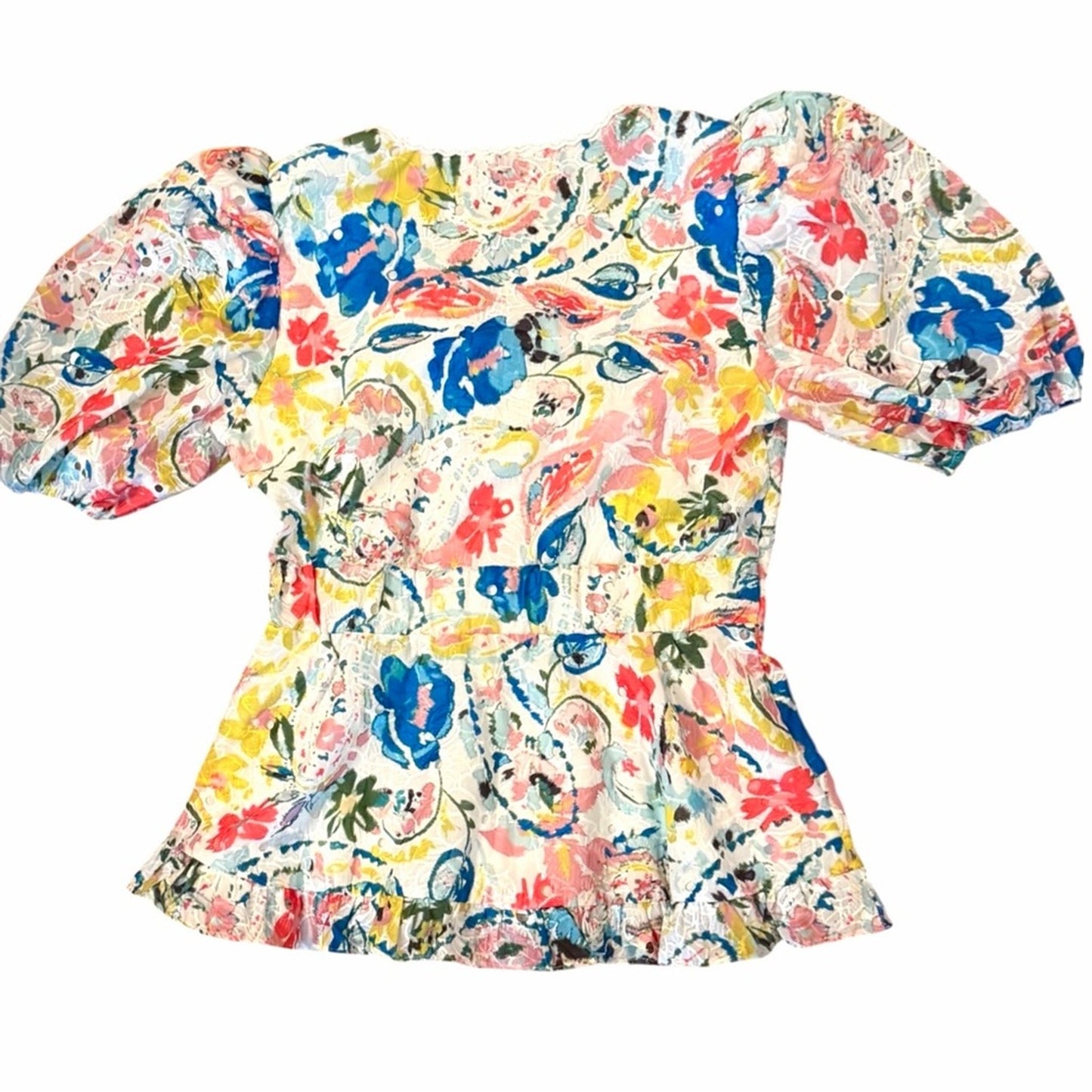 Elie Tahari Romantic Floral Eyelet Peplum Puff Sleeve Designer Top NWT Size 10