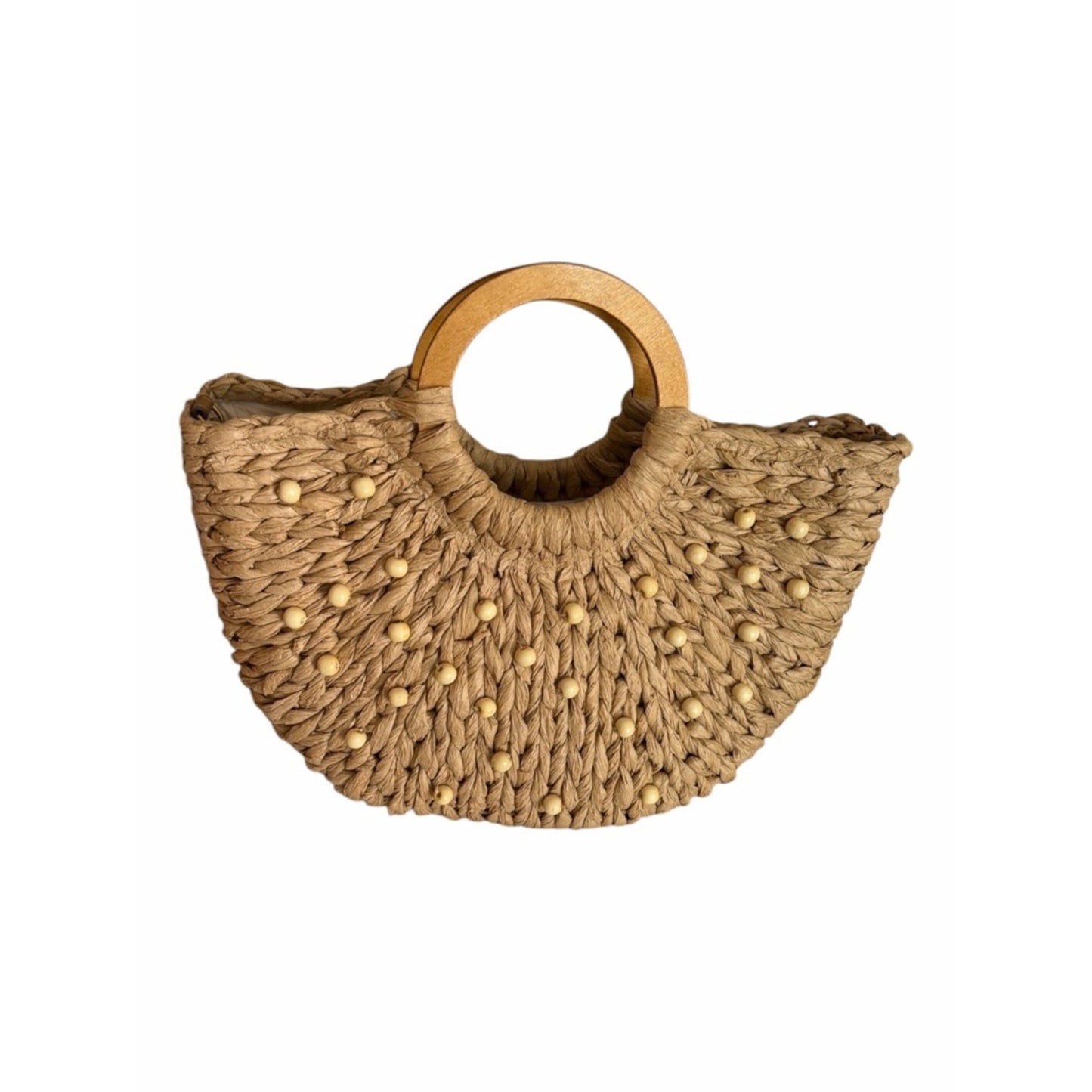 Style & Co Straw Beaded Tote Wooden Handle Crossbody Beach Boho Summer Bag