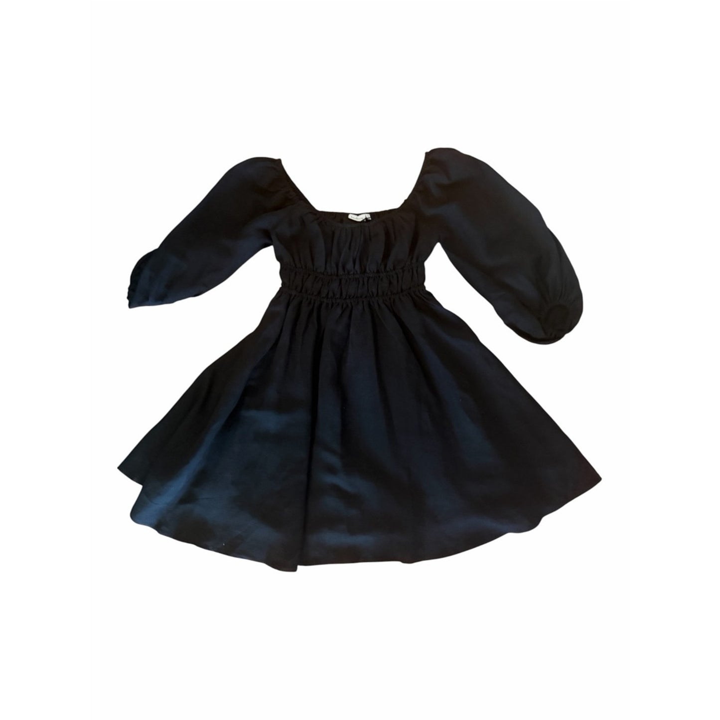 Hermoza Lala Cinched Mini Dress Black NWT Linen Blend Puff Sleeve Size S
