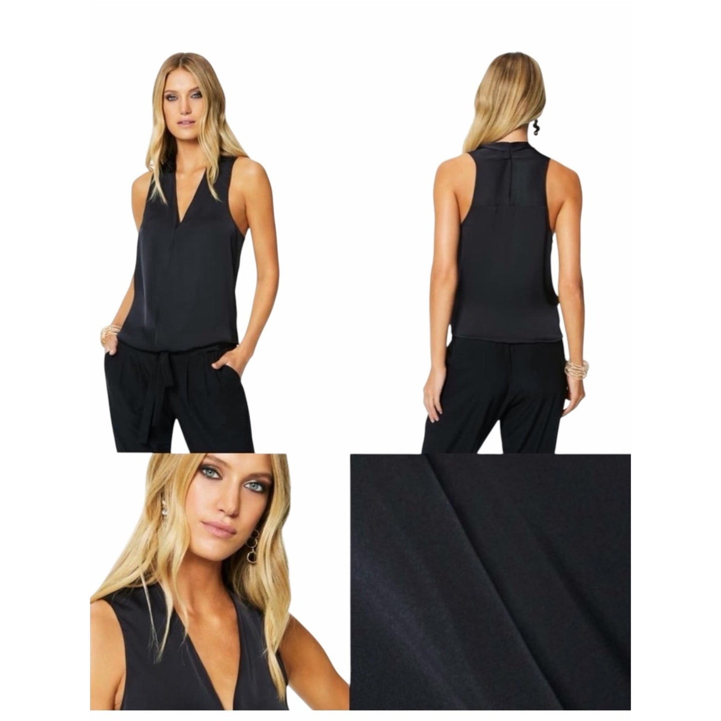 NWT Ramy Brook Jilly Black Satin Charmeuse Sleeveless V-Neck Blouse Small