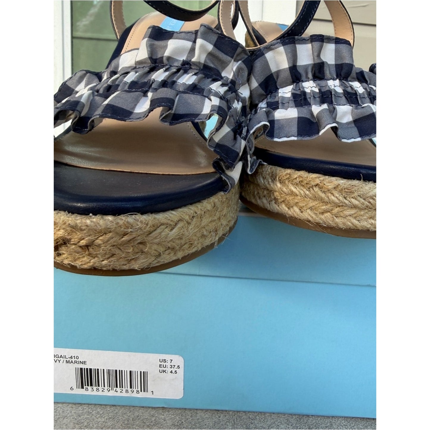 Draper James Abigail Navy Gingham Ruffle Espadrille Wedge Sandals NIB Size 7