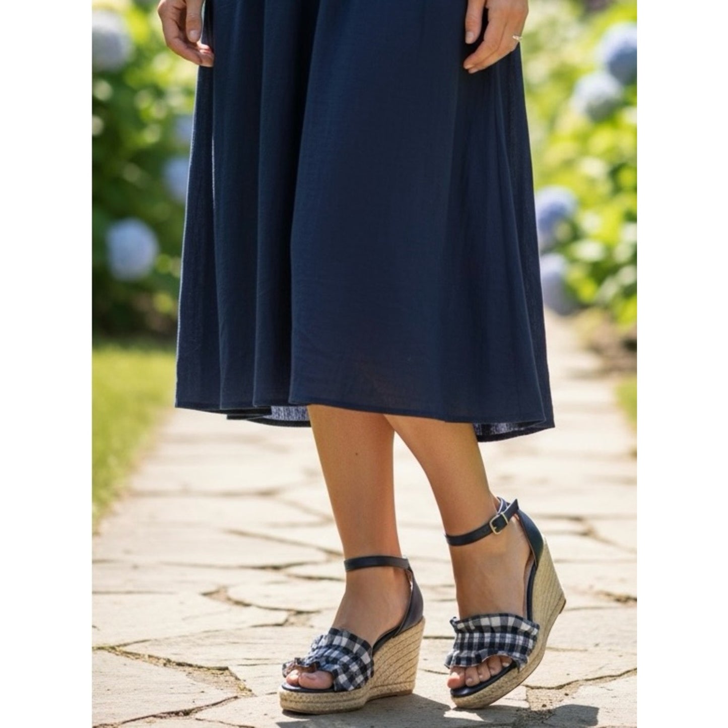Draper James Abigail Navy Gingham Ruffle Espadrille Wedge Sandals NIB Size 7