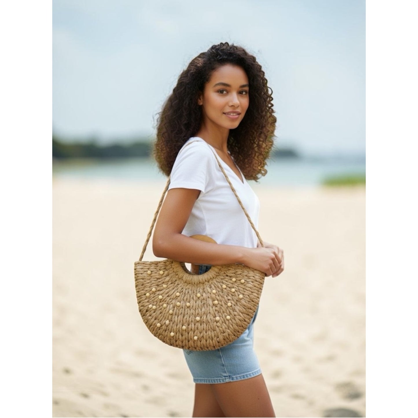 Style & Co Straw Beaded Tote Wooden Handle Crossbody Beach Boho Summer Bag