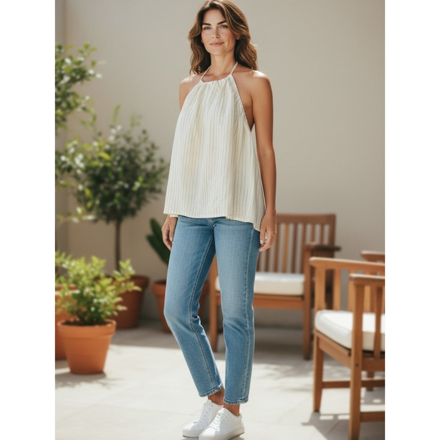 NWT WeWoreWhat Linen Blend Halter Top Open Back Pinstripe Size Large
