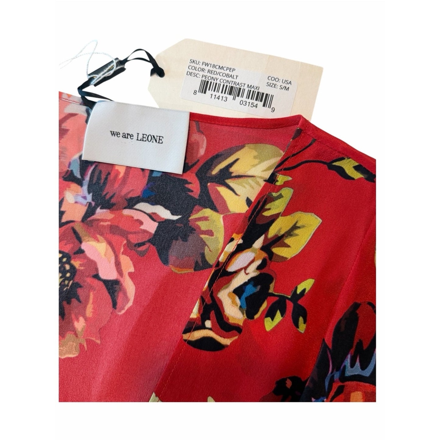 We Are Leone Silk Maxi Dress Duster Red Floral Peony Contrast NWT S/M Boho