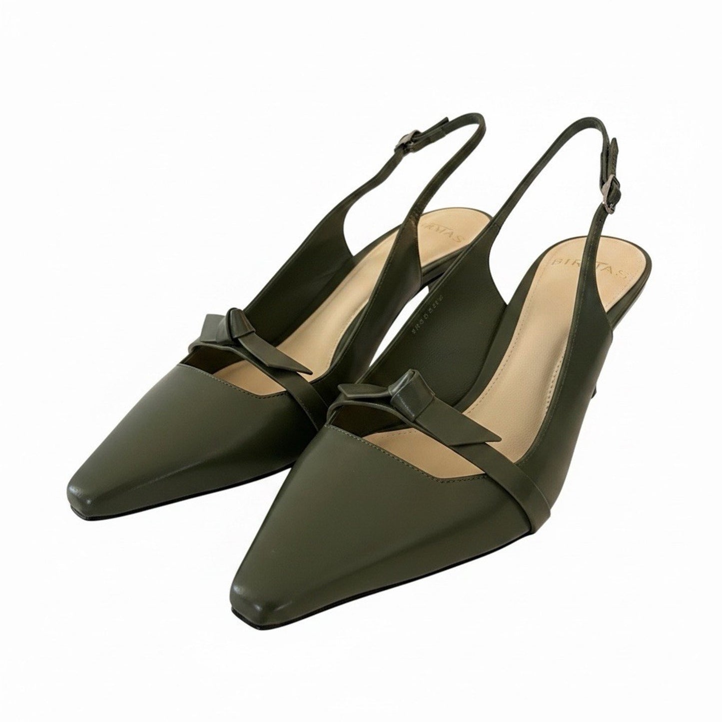 Alexandre Birman Slingback Pumps 37 Green Leather Bow Kitten Heel NIB