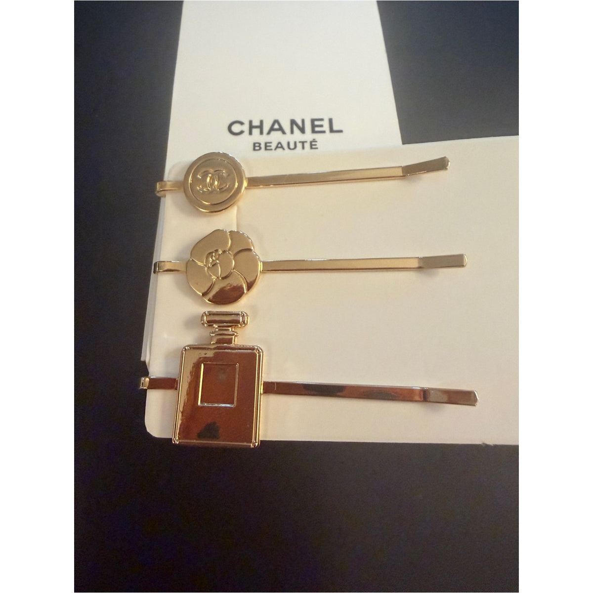 CHANEL Beauté Gold Tone Hair Clips Charms Set of 3 GWP New in Box