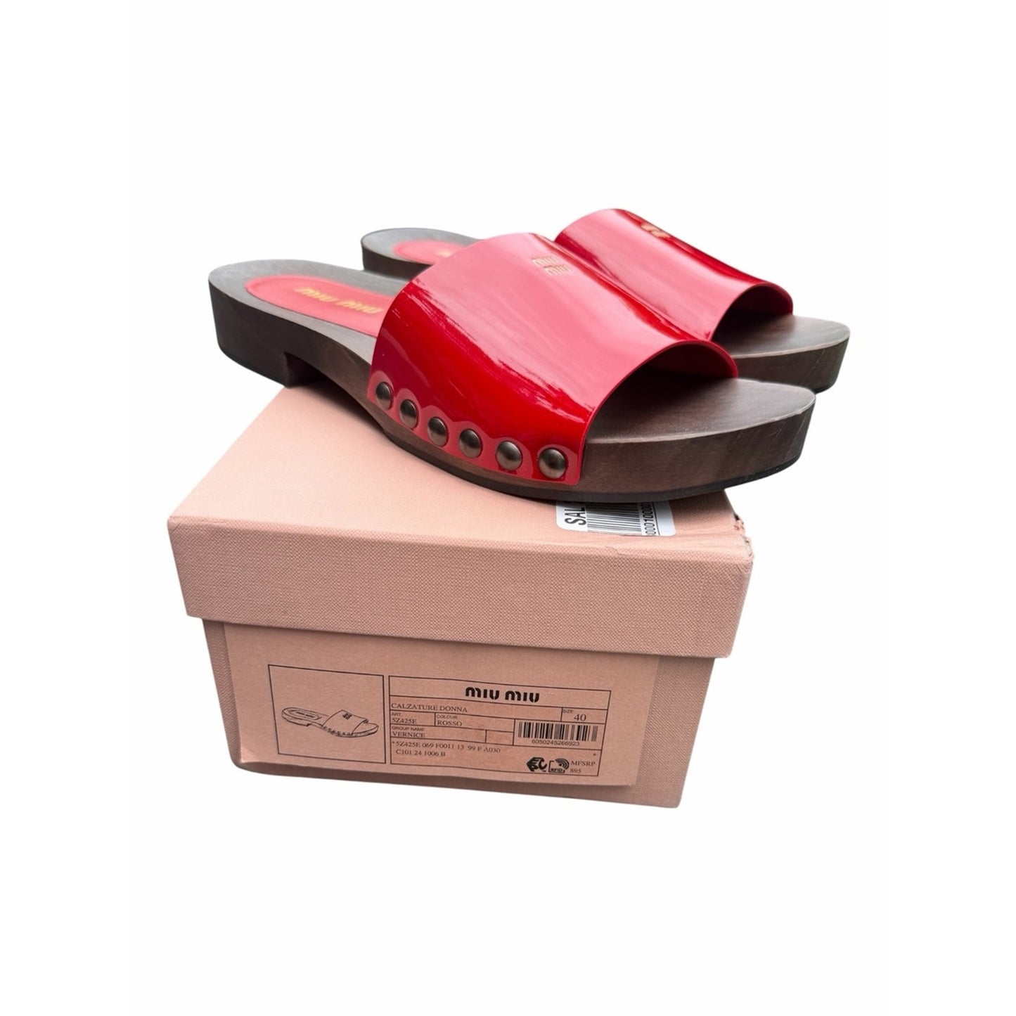 Miu Miu Red Patent Leather Wooden Slide Sandals Clogs EU 40 US 9 Box & Dust Bag