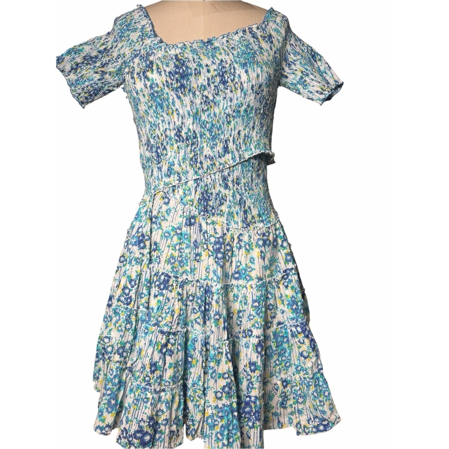 NWT Poupette St Barth Soledad Blue Aquarelle Cotton Plumeti Mini Dress M