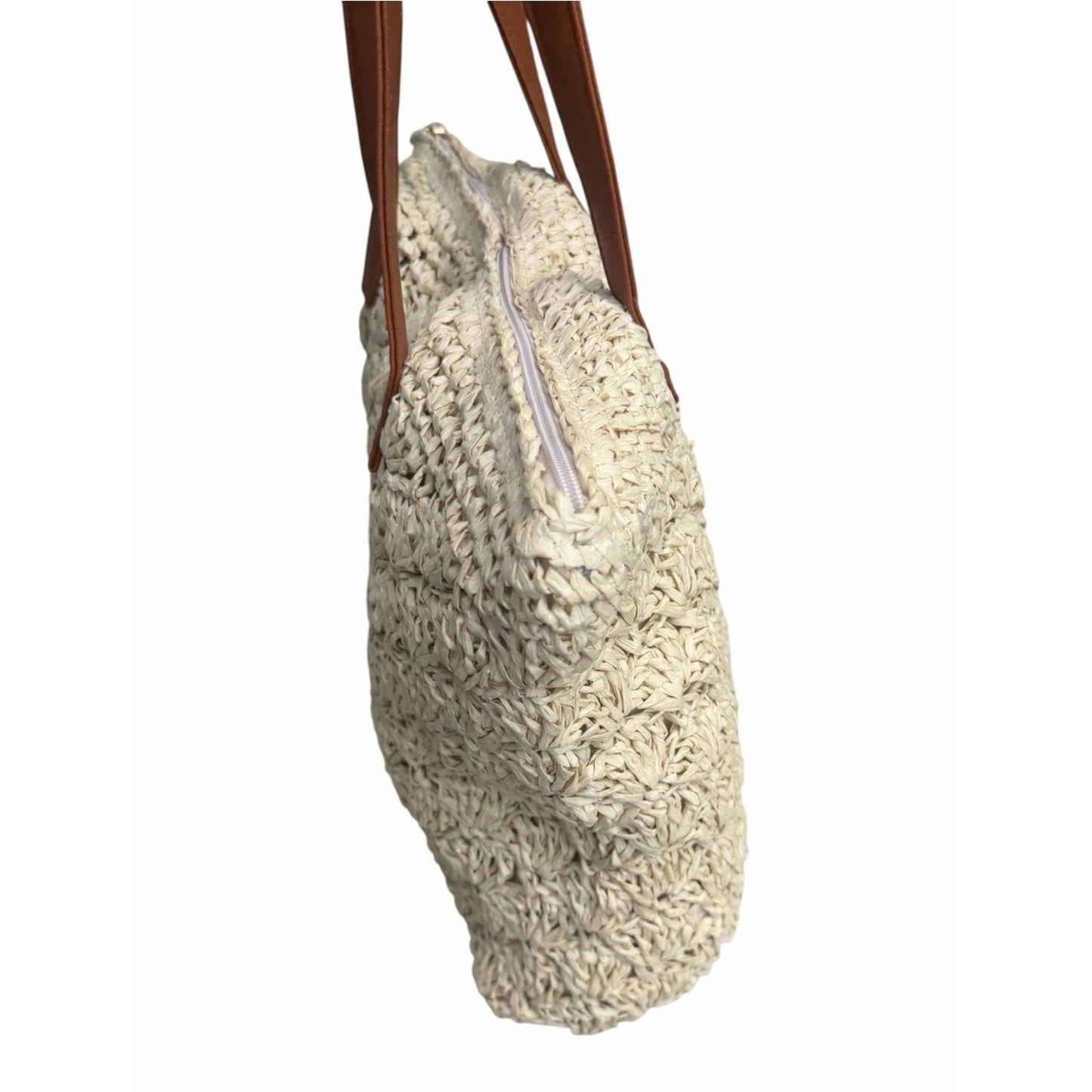 NWT BTB Los Angeles Raffia Woven Tote Bag Leather Straps Zip Top Beach Resort