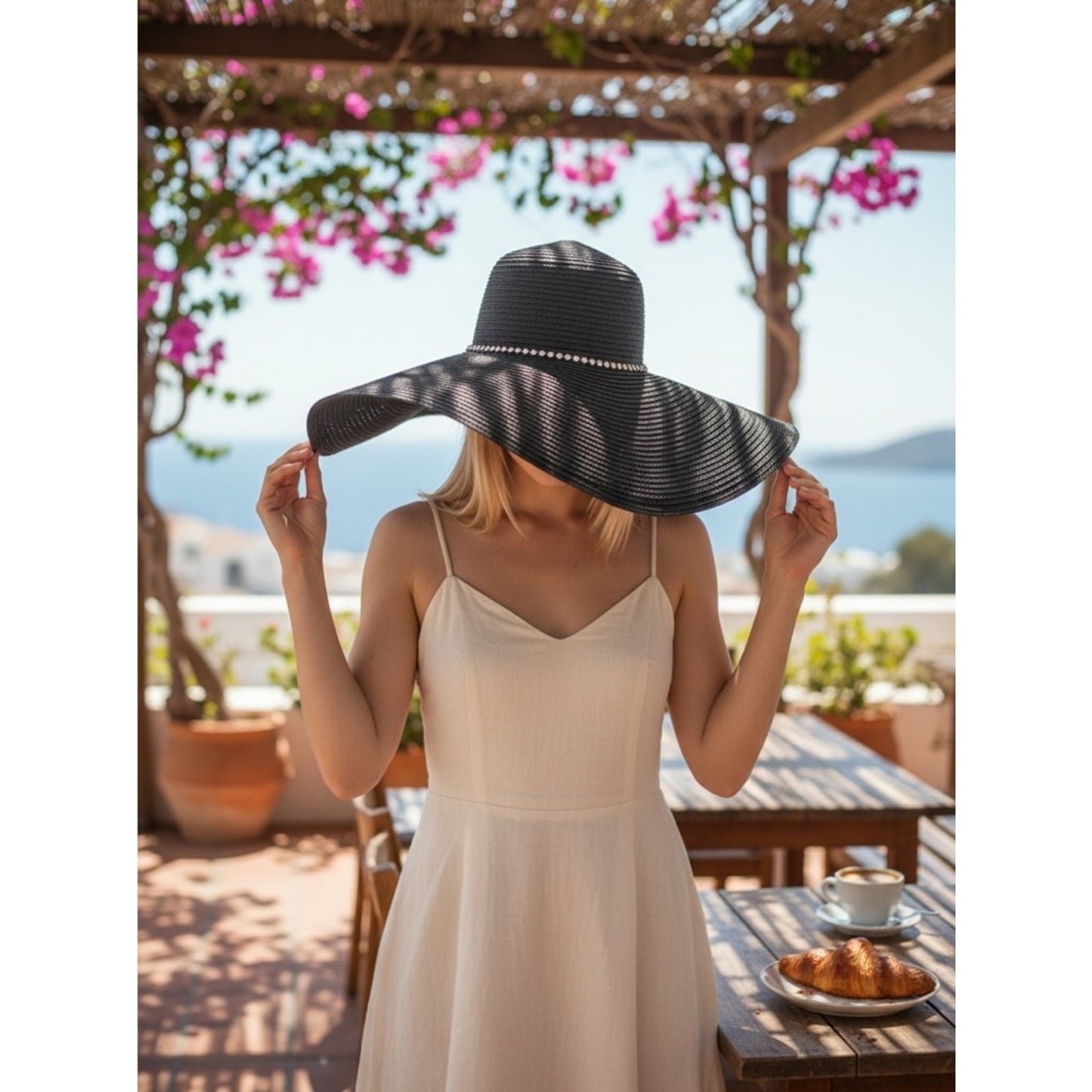 Black Floppy Sun Hat W/Seashell Trim Wide Brim INC Coastal Grandma NWT