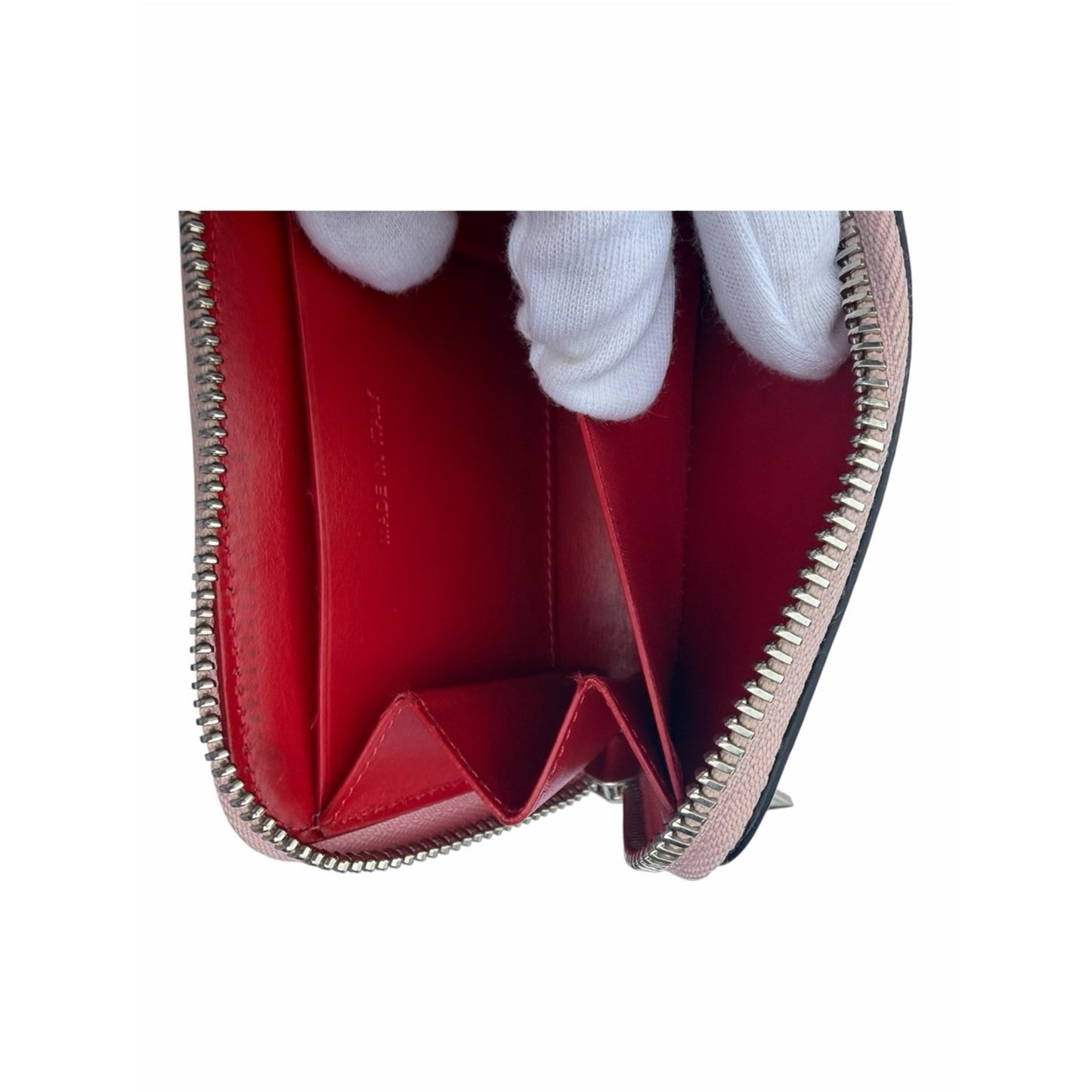 Christian Louboutin Blush Pink Studded Zip Around Coin Card Wallet W/Red Charm