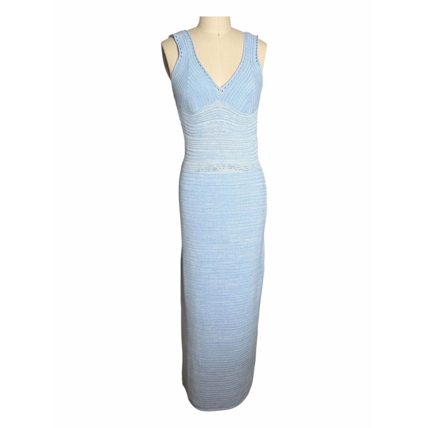 Torn by Ronny Kobo Madi Crochet Knit Maxi Dress Light Sky / White NWT Size L