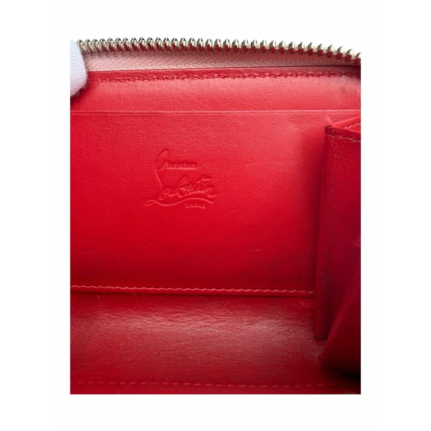 Christian Louboutin Blush Pink Studded Zip Around Coin Card Wallet W/Red Charm