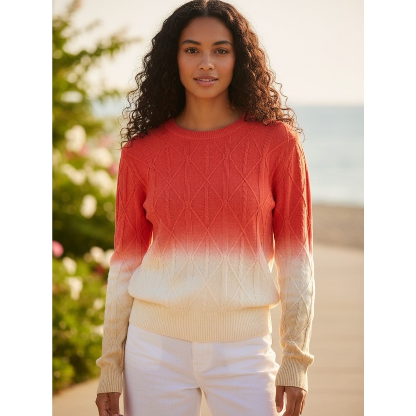 Etcetera Ombre Cotton Cable Knit Sweater NWT Medium Coastal Resort