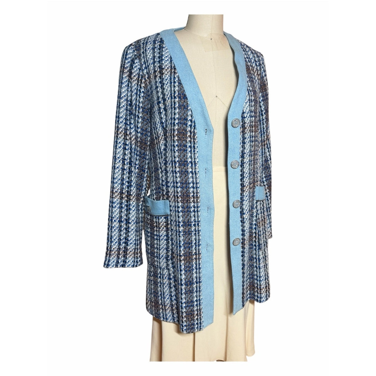 Zara Tweed &  Denim Chain Belted Longline Blazer Dress Size L EUC