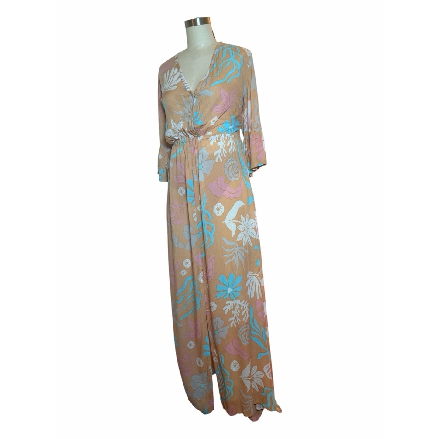 Tiare Hawaii Surry Maxi Dress NWT Brown Aqua Floral Size s/m