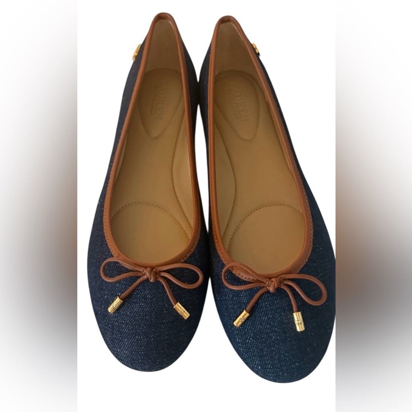 Lauren Ralph Lauren Jayna Denim Ballet Flats Vayra Wash Bow Logo NIB Size 7.5B