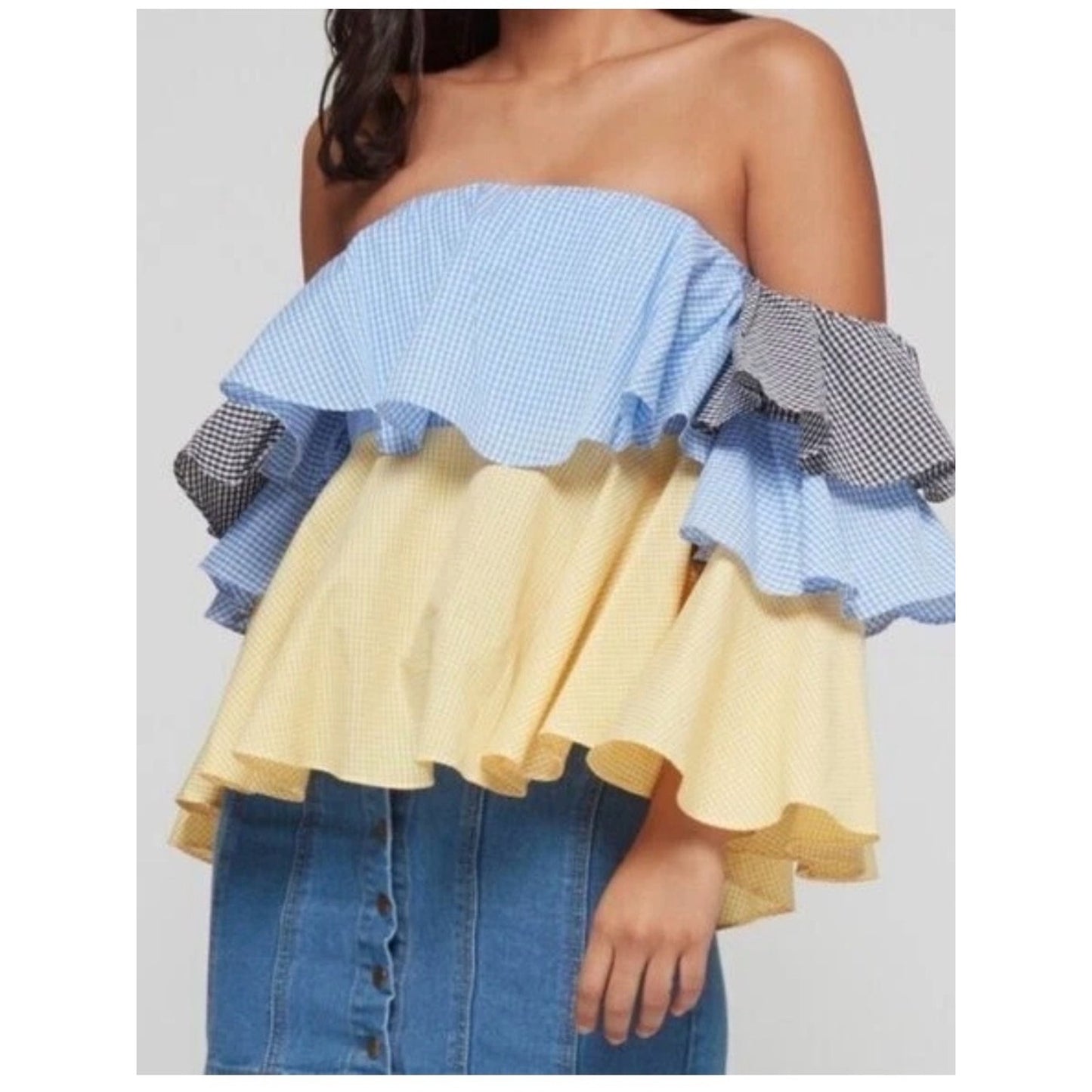 StyleKeepers The Virgo Ruffled Off-the-Shoulder Top | NWT | Med| Multi Gingham