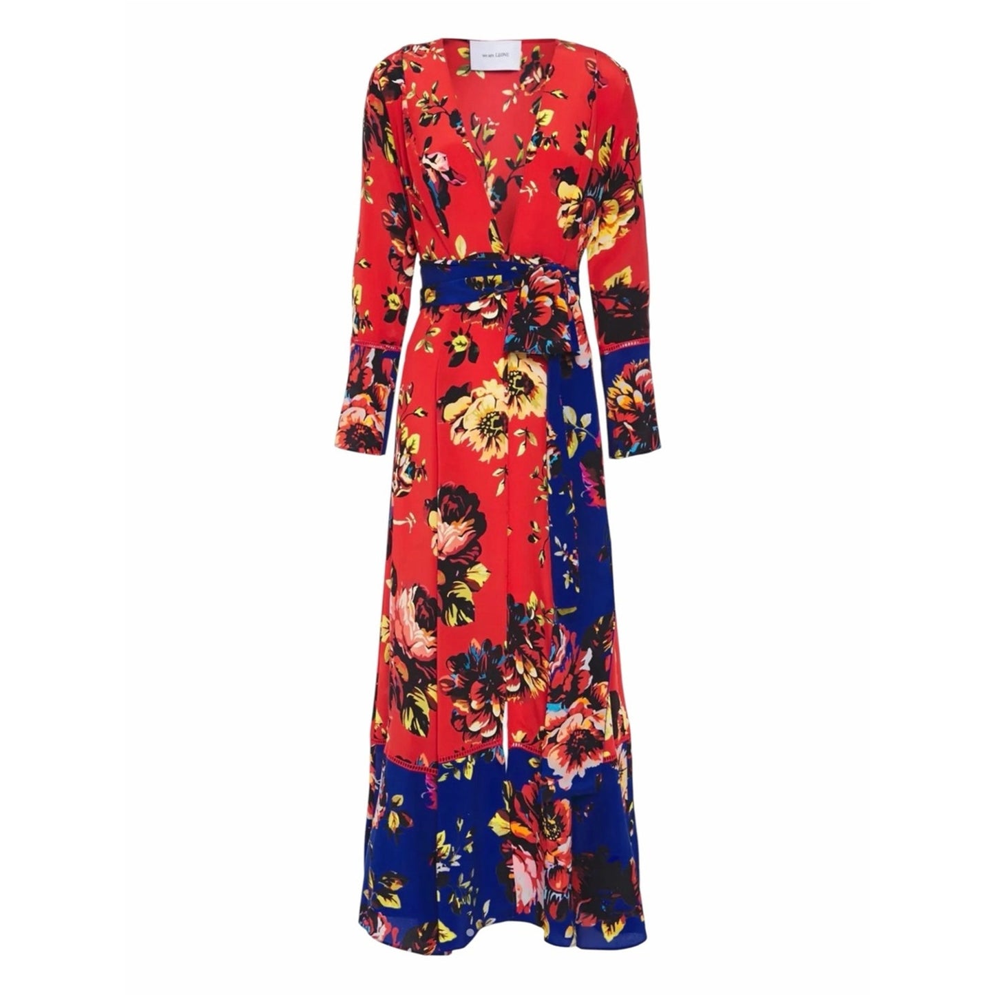 We Are Leone Silk Maxi Dress Duster Red Floral Peony Contrast NWT S/M Boho