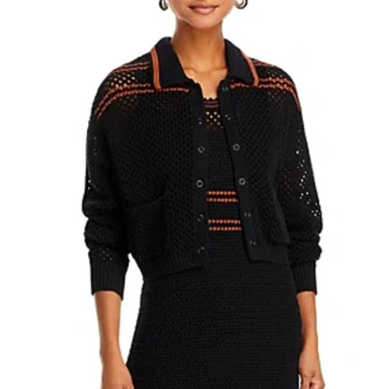 RE/DONE Black Crochet Mesh Polo Cardigan Women’s Size L