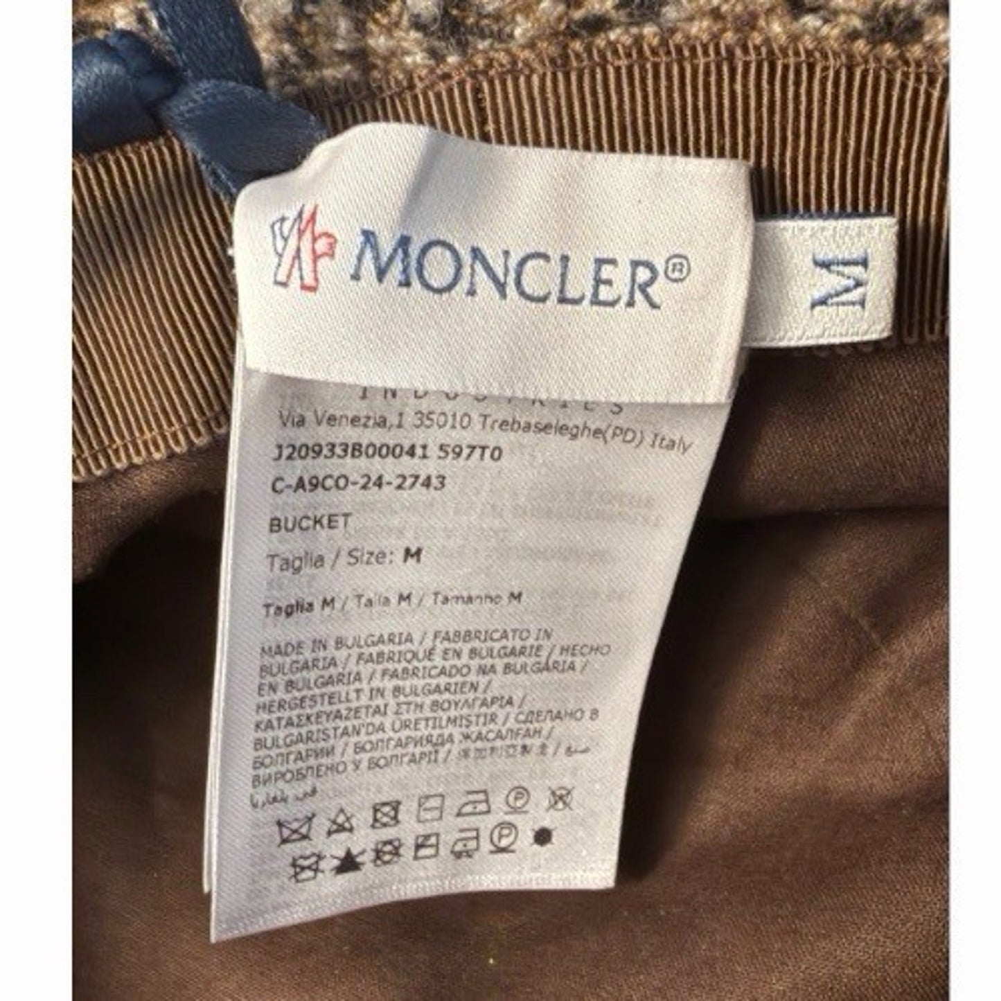 Moncler Women’s Bucket Hat Size M NWT Tweed Wool Blend Brown Check Logo Patch