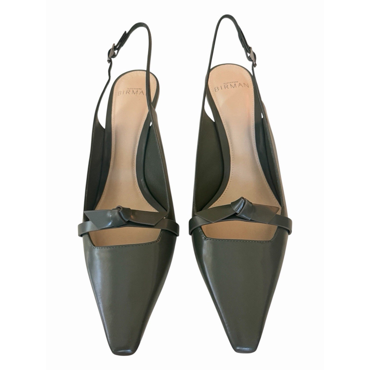 Alexandre Birman Slingback Pumps 37 Green Leather Bow Kitten Heel NIB