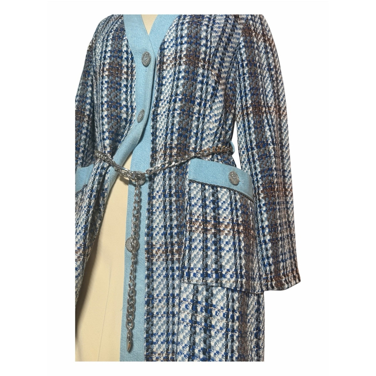 Zara Tweed &  Denim Chain Belted Longline Blazer Dress Size L EUC