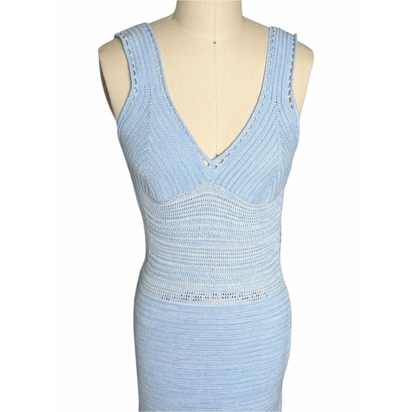 Torn by Ronny Kobo Madi Crochet Knit Maxi Dress Light Sky / White NWT Size L