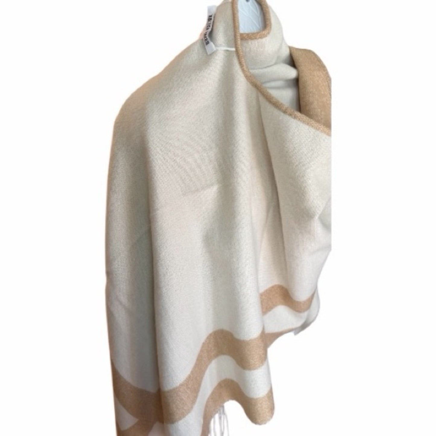 NWT Ted Baker Veruschka Reversible Poncho Wrap Camel Ivory Fringe OS