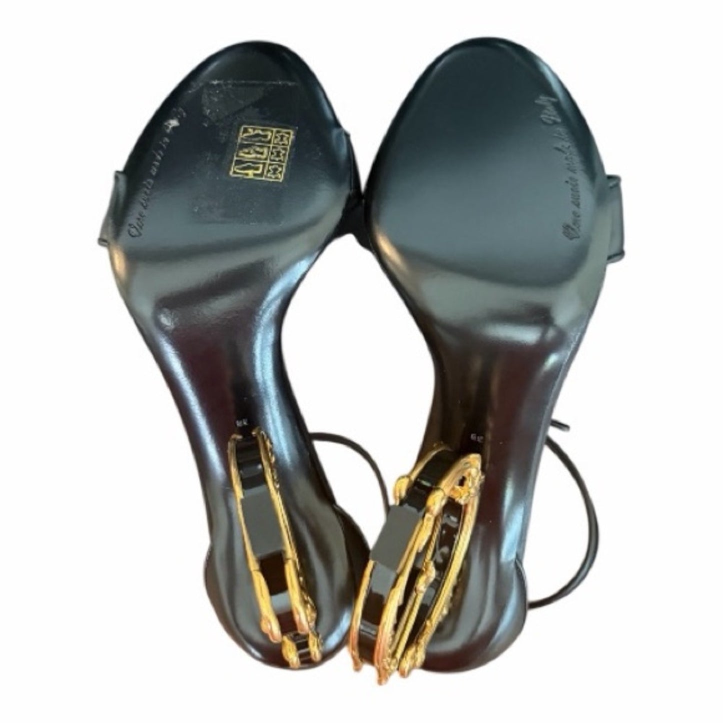 Dolce & Gabbana Black Leather Gold Logo Heel Sandals IT 38 NIB