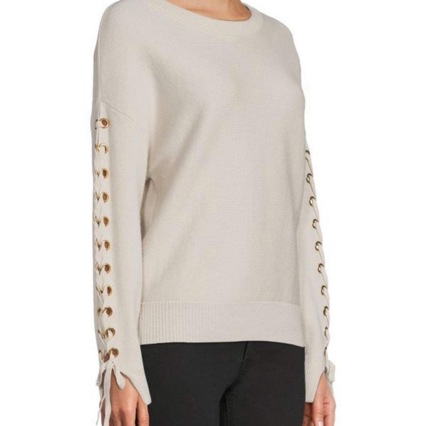 Elie Tahari Ivory Sweater with Lace-Up Sleeves NWT Size Large