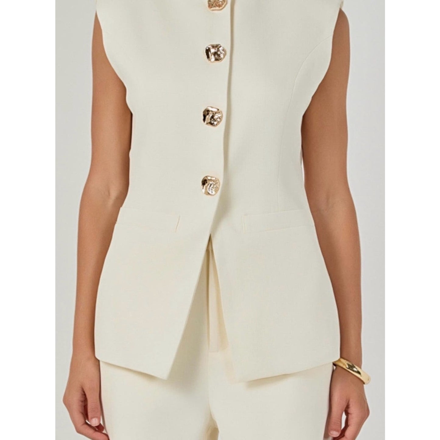 NWT Endless Rose Cream Tailored Long Vest Gold Button Blazer Vest Size Small