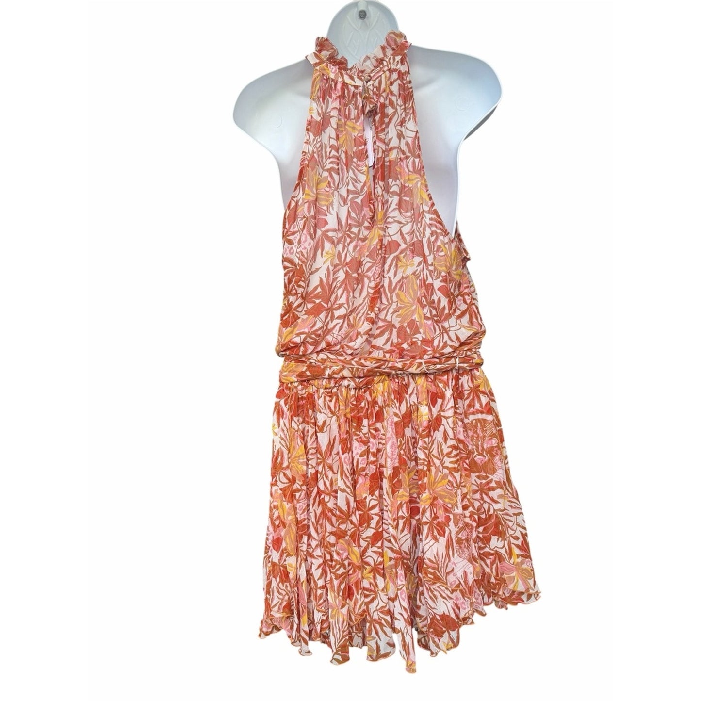 Poupette St Barth Bianca Gold Orchid Beaded Silk Chiffon Resort Halter Dress L